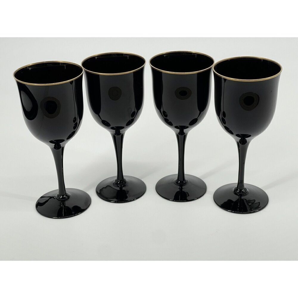4 Vintage Noritake REMEMBRANCE EBONY Water Glasses Goblets 7.5” Black Gold Rim